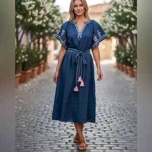 $269 Ex Voto Bri Embroidered cotton dress in starglazer blue NWT